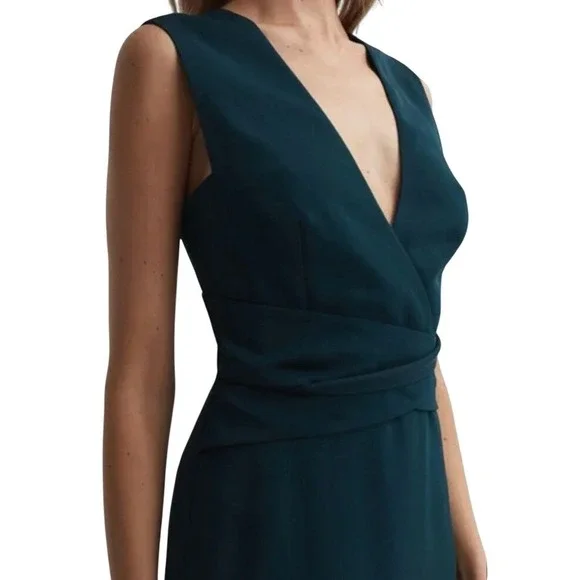 Anthropologie BHLDN Teal V Neck Sleeveless Wrap Waist Bow Back Midi Dress Size 4 - Picture 5 of 16